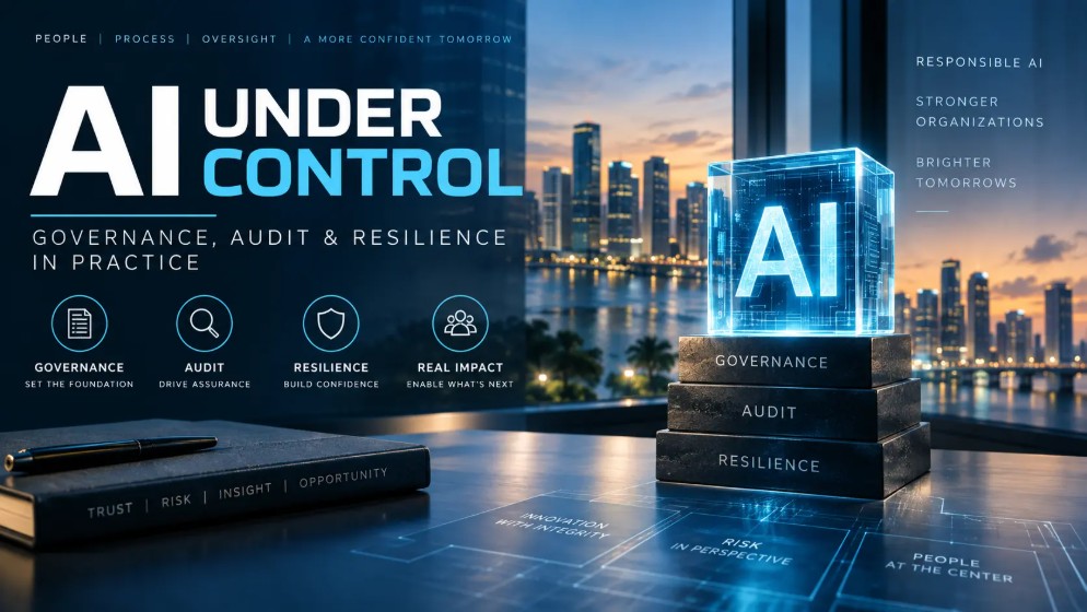 AI Under Control: Governance, Audit and Resilience in Practice banner, with a glowing AI cube on blocks labeled governance, audit and resilience over a Miami skyline